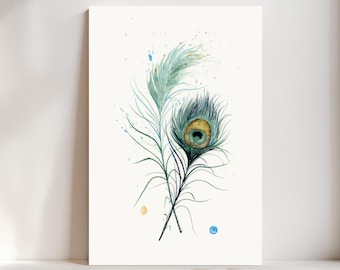 Peacock Feather Watercolor Giclée Print, Light green Feather,  Boho Farmhouse Decor #184/500