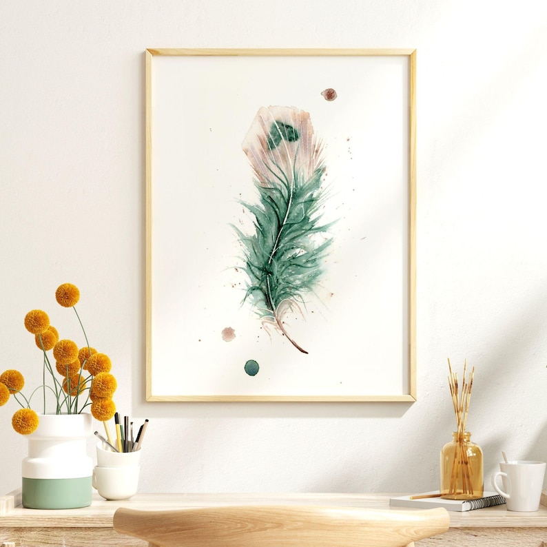 Nature Inspired Peacock Feather Print Watercolor Bird Artwork Modern Home Accent Boho Wall Decor Premium Gallery Display Farmhouse Style Interior Design Kitchen Bedroom Living Room Beautiful Rustic Collection Fine Art Piece