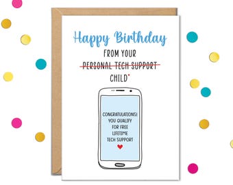 Funny Birthday Cards For Mom, Dad Gifts, From Your Tech Support Child, Card From Son or Daughter