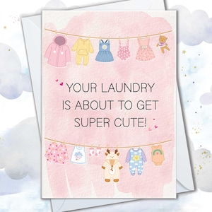Baby-Babypartykarten, nette Wäsche-Mädchenkarten, Wäscherei ist im Begriff, nette Karte, neue Baby-Eltern zu Mädchen-Glückwunschgeschenken zu erhalten