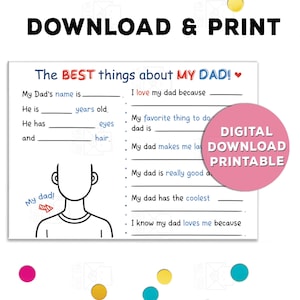Carte d'anniversaire imprimable pour papa, à compléter, à remplir, à télécharger, à propos du meilleur papa, à imprimer à la maison, pour un tout-petit, activité, numérique