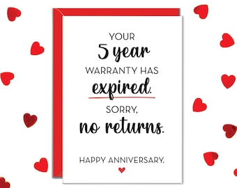 Happy 5th Anniversary Cards, Card for 5 Years Together, Warranty Expired Sorry No Returns