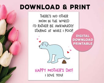 Ladda ner morsdagskort med hundmamma, skriv ut hemma, rolig bajsande hund, skriv ut hemma (digital nedladdning)