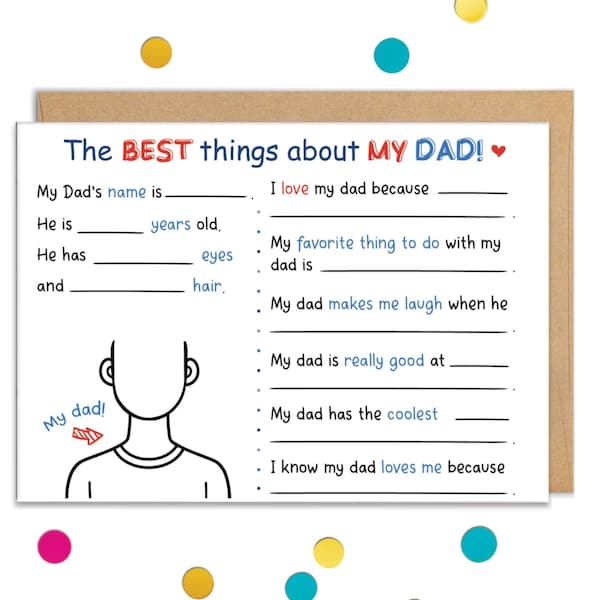 Dad Birthday Card From Kids, Fill in the Blanks, Kid Fillable Questions About Dad, From Child, From Son, from Son, From Daughter, Best Dad