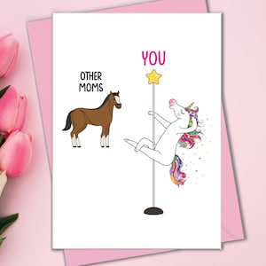 Tarjetas divertidas para el Día de la Madre para mamá, tarjetas divertidas para mamá hermana, tarjeta de unicornio bailando en un poste para mamá, tarjetas geniales para mamá mejor amiga, mejor mamá