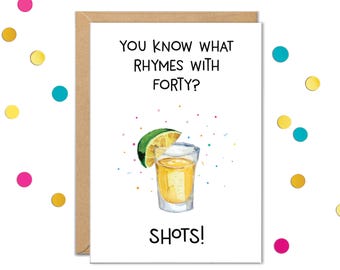 Tequila Shots 40th Birthday Cards for Her or Him, You Know What Rhymes With 40, Funny 40th Birthday Card for Women, Men