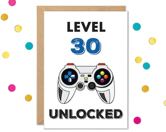 Tarjeta de cumpleaños número 30 para gamer, nivel 30 desbloqueado, tarjetas para él, regalos de cumpleaños para hombres