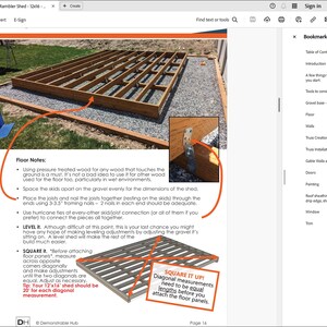 Puede incluir: Diagrama de un marco de suelo de cobertizo en construcci&oacute;n, con vigas y viguetas de madera. La imagen incluye instrucciones de texto sobre el montaje de los paneles del suelo, incluidas las mediciones y el uso de madera tratada a presi&oacute;n. El texto dice "SQUARE IT UP!"