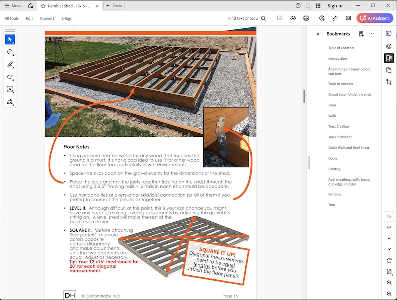 Puede incluir: Diagrama de un marco de suelo de cobertizo en construcci&oacute;n, con vigas y viguetas de madera. La imagen incluye instrucciones de texto sobre el montaje de los paneles del suelo, incluidas las mediciones y el uso de madera tratada a presi&oacute;n. El texto dice "SQUARE IT UP!"