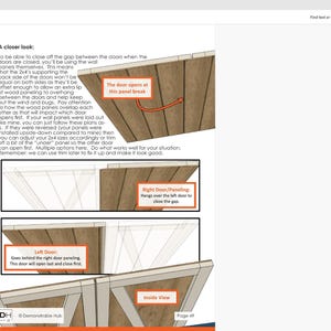 Puede incluir: Diagrama de construcci&oacute;n de puertas de cobertizo, con secciones etiquetadas que muestran detalles de los paneles de las puertas y la apertura de las puertas. El texto explica c&oacute;mo cerrar el espacio entre las puertas. Incluye una vista interior.