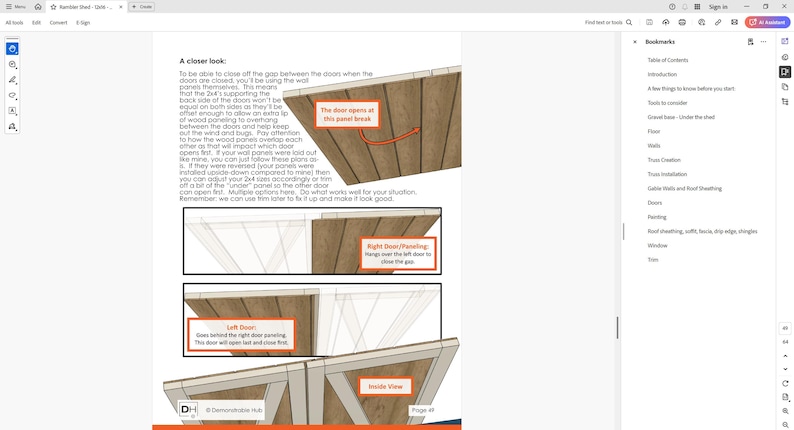 Puede incluir: Diagrama de construcci&oacute;n de puertas de cobertizo, con secciones etiquetadas que muestran detalles de los paneles de las puertas y la apertura de las puertas. El texto explica c&oacute;mo cerrar el espacio entre las puertas. Incluye una vista interior.