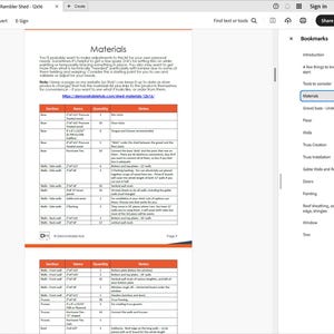 Puede incluir: Un documento digital titulado "Rambler Shed - 12x16" con una tabla que enumera los materiales. El documento incluye texto y una tabla con columnas para la secci&oacute;n, los elementos, la cantidad y las notas. Una barra lateral a la derecha enumera los marcadores.