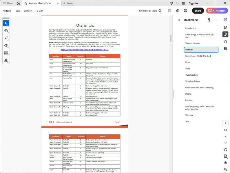 Puede incluir: Un documento digital titulado "Rambler Shed - 12x16" con una tabla que enumera los materiales. El documento incluye texto y una tabla con columnas para la secci&oacute;n, los elementos, la cantidad y las notas. Una barra lateral a la derecha enumera los marcadores.