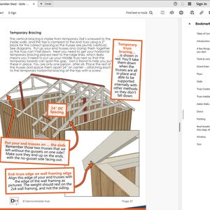 Puede incluir: Diagrama de construcci&oacute;n de un cobertizo, centrado en el apuntalamiento temporal. La imagen detalla la colocaci&oacute;n de las cerchas, con un espaciamiento de 61 cm, y la alineaci&oacute;n de las cerchas de los extremos. El texto proporciona instrucciones para la construcci&oacute;n.