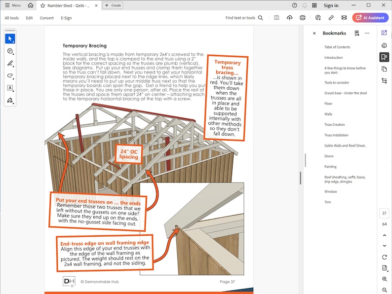 Puede incluir: Diagrama de construcci&oacute;n de un cobertizo, centrado en el apuntalamiento temporal. La imagen detalla la colocaci&oacute;n de las cerchas, con un espaciamiento de 61 cm, y la alineaci&oacute;n de las cerchas de los extremos. El texto proporciona instrucciones para la construcci&oacute;n.