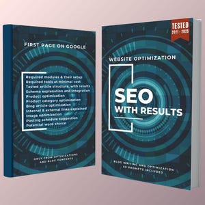 Puede incluir: Una portada de libro con un diseño circular azul y verde. El título es "SEO with Results" y el subtítulo es "Optimización del sitio web". La portada del libro también incluye el texto "Probado 2021-2025" y "Redacción de blogs y optimización 50 indicaciones incluidas".