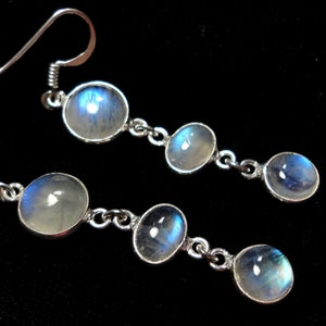 Moonstone Earrings Feature 3 Genuine Blue Flash Rainbow Moonstone Dangles in Long Linear Earrings Set In Solid Sterling Silver