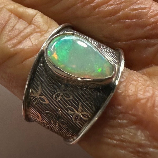 Raw Opal Ring is a Large Vintage Genuine Very Colorful Opal Nugget Set an Engraved Wide Sterling Ring, Suitable for a Man or Woman, Size 10