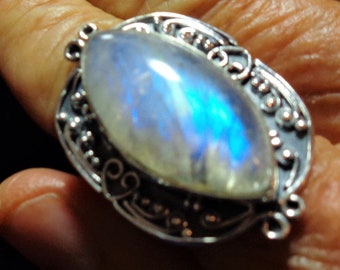 Vintage Rainbow Moonstone Ring is a Large Best Quality Moonstone with Aqua, Indigo, and Gold Flashes, in a Bali Sterling Silver Ring, Size 8