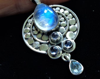 Antique Moonstone Pendant with Best Quality Rainbow Moonstone, Amethysts, Blue Topaz, Bezel Set in Bali Sterling, 18" Sterling Snake Chain