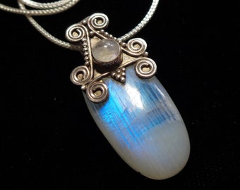 Moonstone Pendant is a Large Vintage High Quality Blue Flash Rainbow Moonstone Set in Bali Sterling, 18" Italian Sterling Foxtail Chain