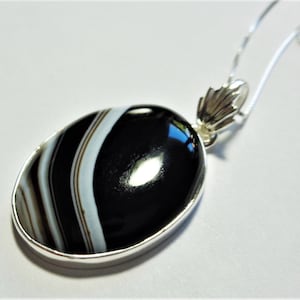 Banded Botswana Agate Pendant: Sterling Silver Bezel, Black and White Oval, Sterling Chain