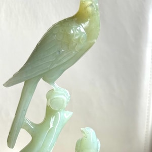 Vintage Chinese Jadeite Birds Statue: 1950s Carved Figurine on Rosewood Stand