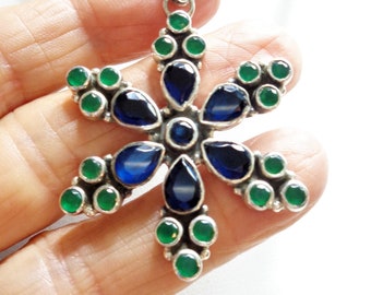 Vintage Blue Sapphire and Emerald Gemstone Snowflake or Flower Pendant on an 18" Removable Handmade Bali Style Wheat Chain, Hook Close