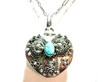 Poison Pill Turquoise Heart Locket Large Vintage Ornate Bali Style Sterling Secret Pill Box, Cremains, Prayer, on 19" Sterling Figaro Chain