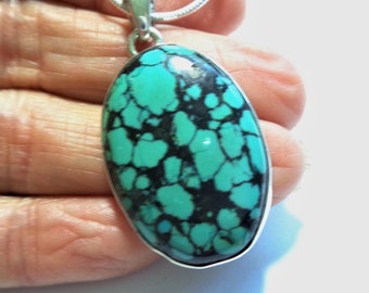 Turquoise Pendant is a Large Spectacular Genuine Natural Spiderweb Turquoise Cabochon Pendant in Sterling on 16" Sterling Snake Chain