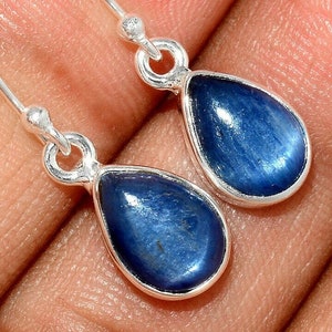 Kyanite Teardrop Dangle Earrings: Sterling Silver Bezel Set on Ear Wires