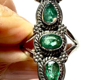 Emerald Ring is a Vintage Faceted Rough Cut Genuine Emerald Ring, 3 Emeralds Set in an Antique Solid Sterling Bali Vertical Ring, Size 7.5