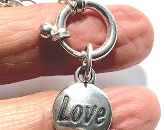 Sterling Silver Charm Holder Necklace: Love Charm, Adjustable 18” Open Link Chain