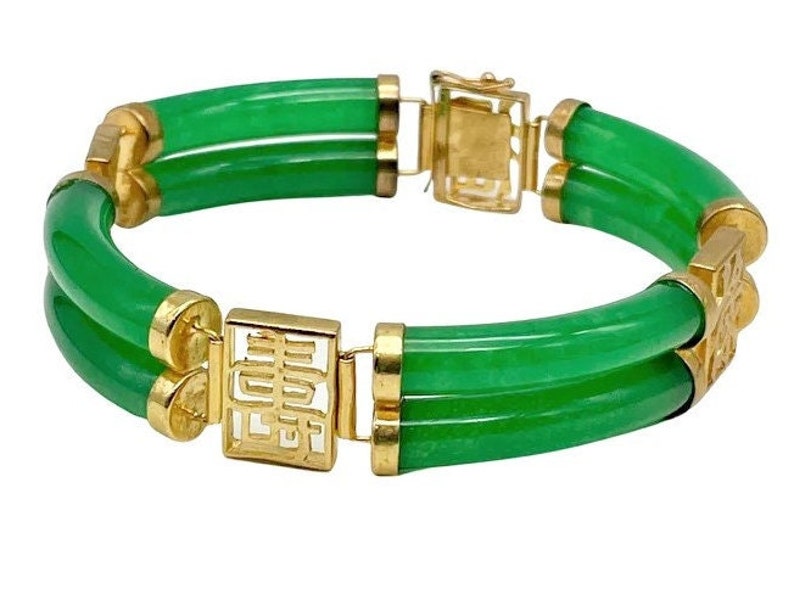 Imperial Green Jadeite Jade Bracelet, Vintage 1960s, 8 High Quality Jade Bars, 4 Chinese Characters, Heavy Gold Fill, Push Safety Clasp, 8 image 4