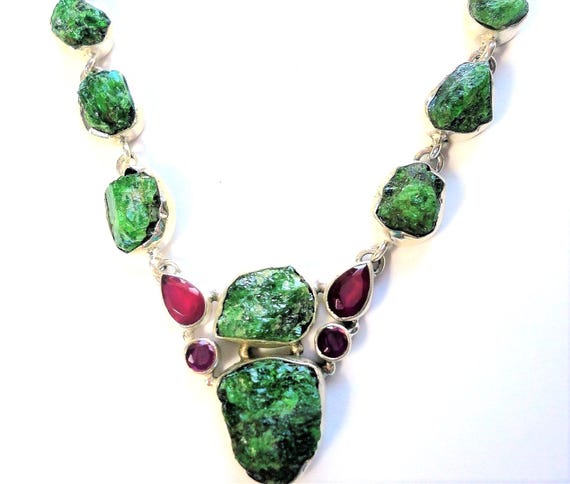 Raw Chrome Diopside and Ruby Necklace: Sterling S… - image 5