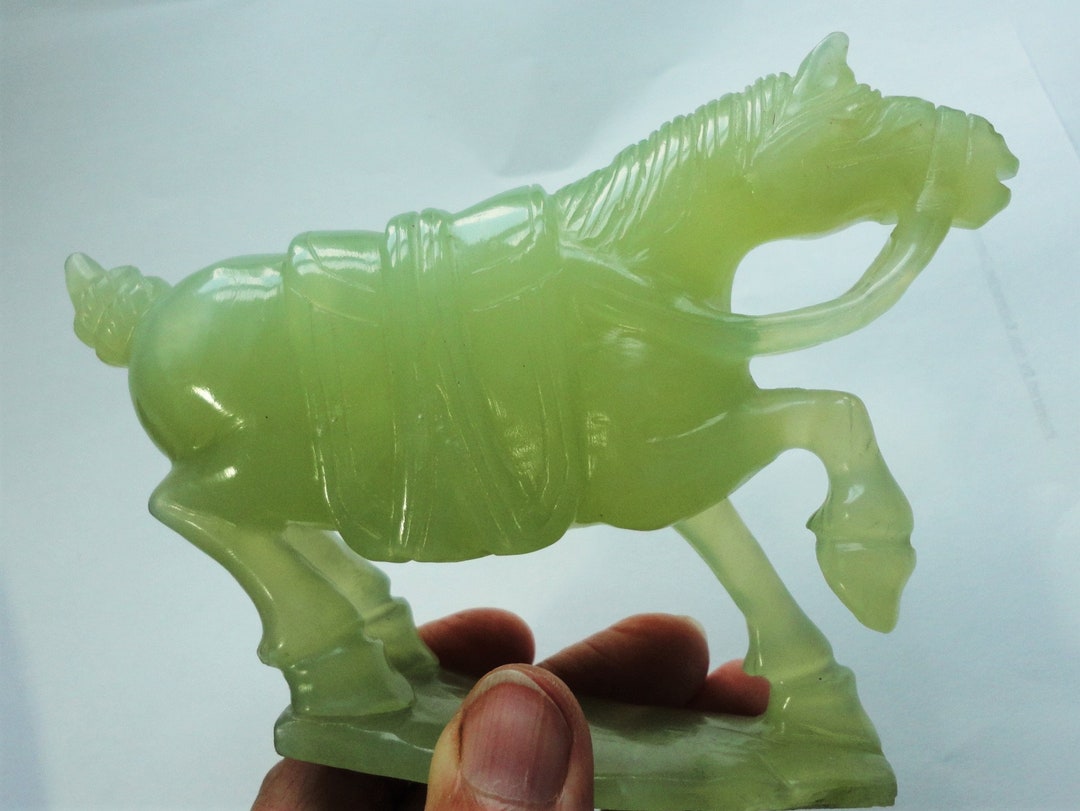 Jade Horse Statue Carved From Vintage Chinese Green Jade From 1960s