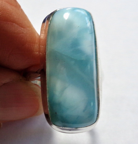 Larimar Ring: Long Rectangular Caribbean Blue Gem… - image 1