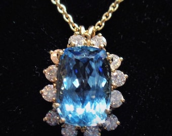 Antique Aquamarine Diamond Halo Pendant: Vintage Solid 14k Gold, Adjustable Rolo Chain