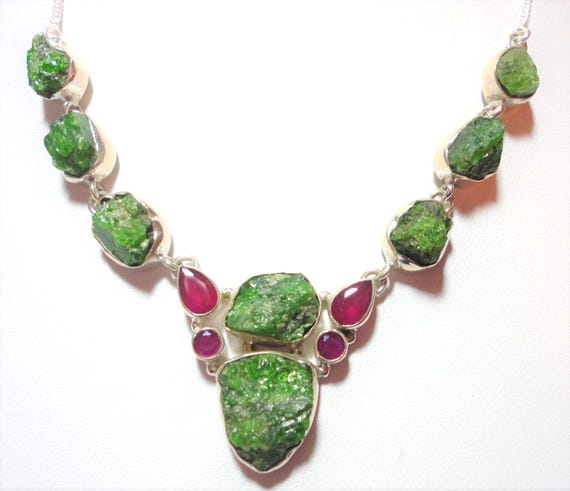 Raw Chrome Diopside and Ruby Necklace: Sterling S… - image 2