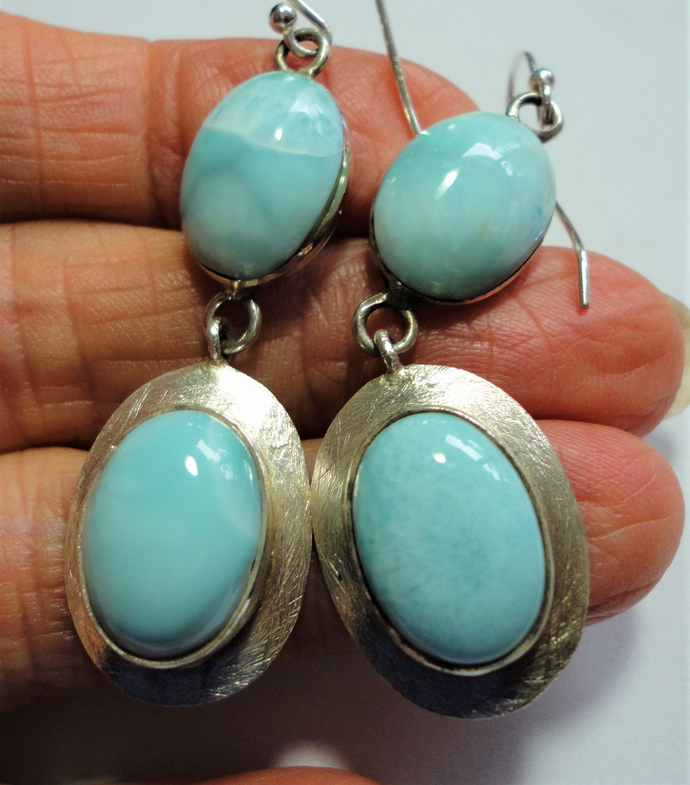 Larimar Sterling Silver Double Dangle Earrings: Dominican Aqua Gemstone Jewelry