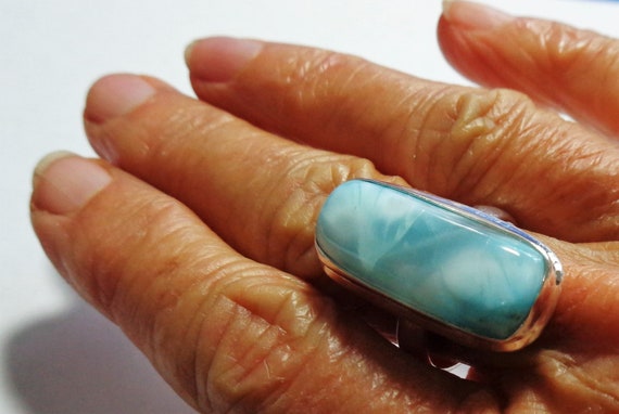 Larimar Ring: Long Rectangular Caribbean Blue Gem… - image 4