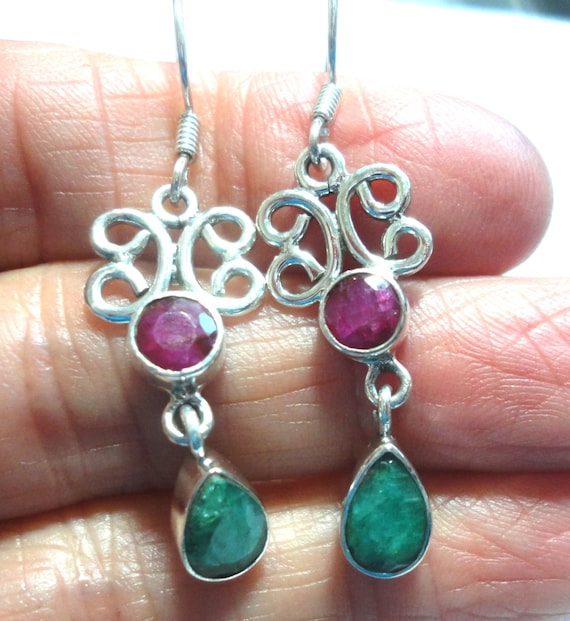 Vintage Emerald and Ruby Sterling Silver Filigree… - image 1