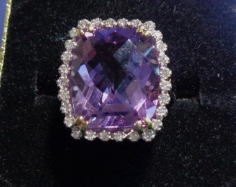 Amethyst Diamond Halo Cocktail Ring, 14k Gold, Large Vintage Very Sparkly Cushion Cut Purple Amethyst, 30 Diamonds at 1ct. tcw, Size 5.5