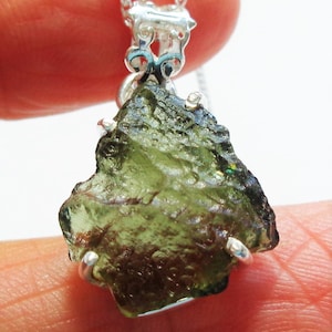 Moldavite Gemstone Pendant is a Genuine Best Quality Raw Translucent Meteoric Green Czech Moldavite in Sterling on an 18&quot; Sterling Chain