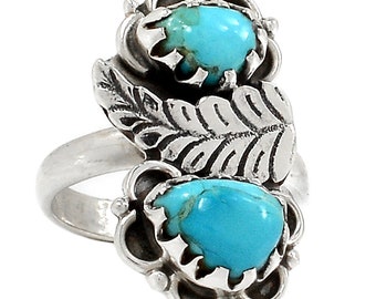 Turquoise Ring, Two Arizona Turquoise Gems in Native American Style, Solid Sterling Silver Leaf Design Ring, for Man or Woman, Size 8