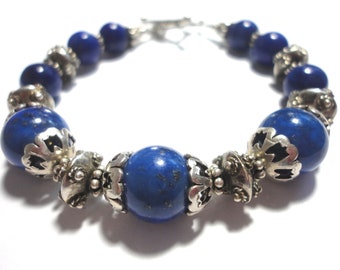 Lapis Bracelet with Royal Blue Top Quality Lapis Beads and Ornate Sterling Bali Beads, Bead Caps, and Sterling Toggle Closure