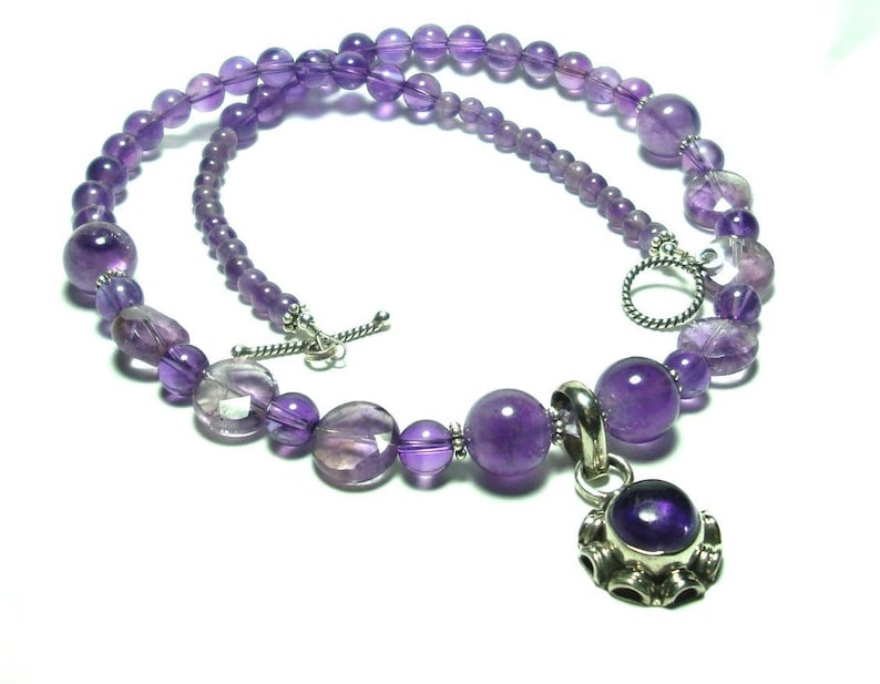 Amethyst Necklace Purple Amethyst AAA Quality Cabochon Pendant with AAA Quality Amethyst Beads Necklace with Sterling