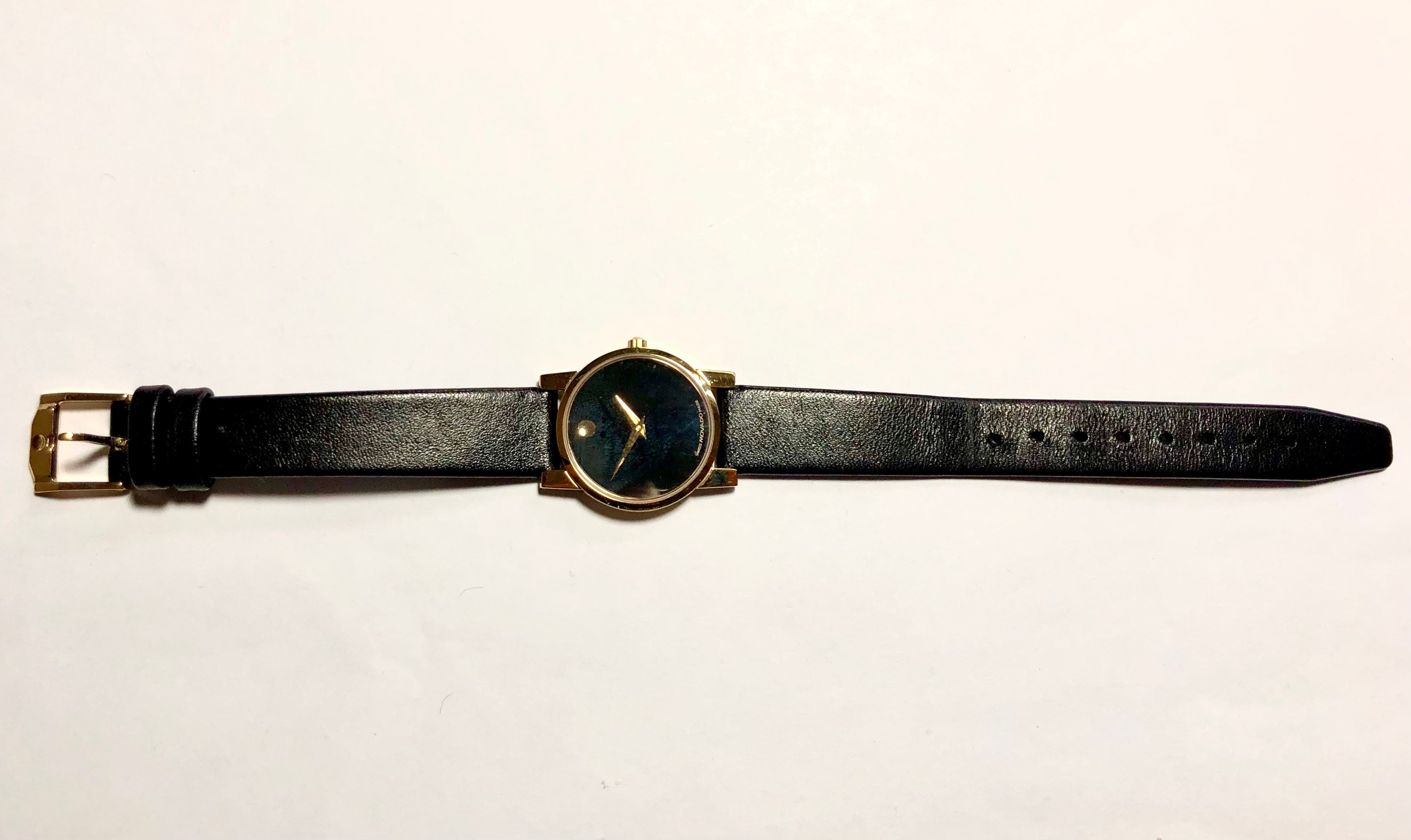 Movado Vintage Ladies Watch Black Dial Gold Case Black Leather Strap New Battery Movado Ladies Eliro Rectangle Black Dial Black Leather Strap  main image 4