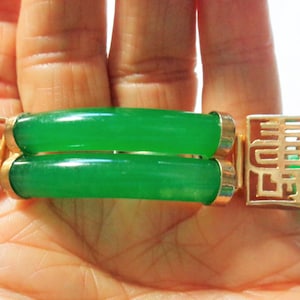 Imperial Green Jadeite Jade Bracelet, Vintage 1960s, 8 High Quality Jade Bars, 4 Chinese Characters, Heavy Gold Fill, Push Safety Clasp, 8 image 5