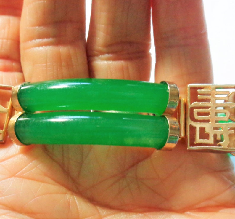 Imperial Green Jadeite Jade Bracelet, Vintage 1960s, 8 High Quality Jade Bars, 4 Chinese Characters, Heavy Gold Fill, Push Safety Clasp, 8 image 5